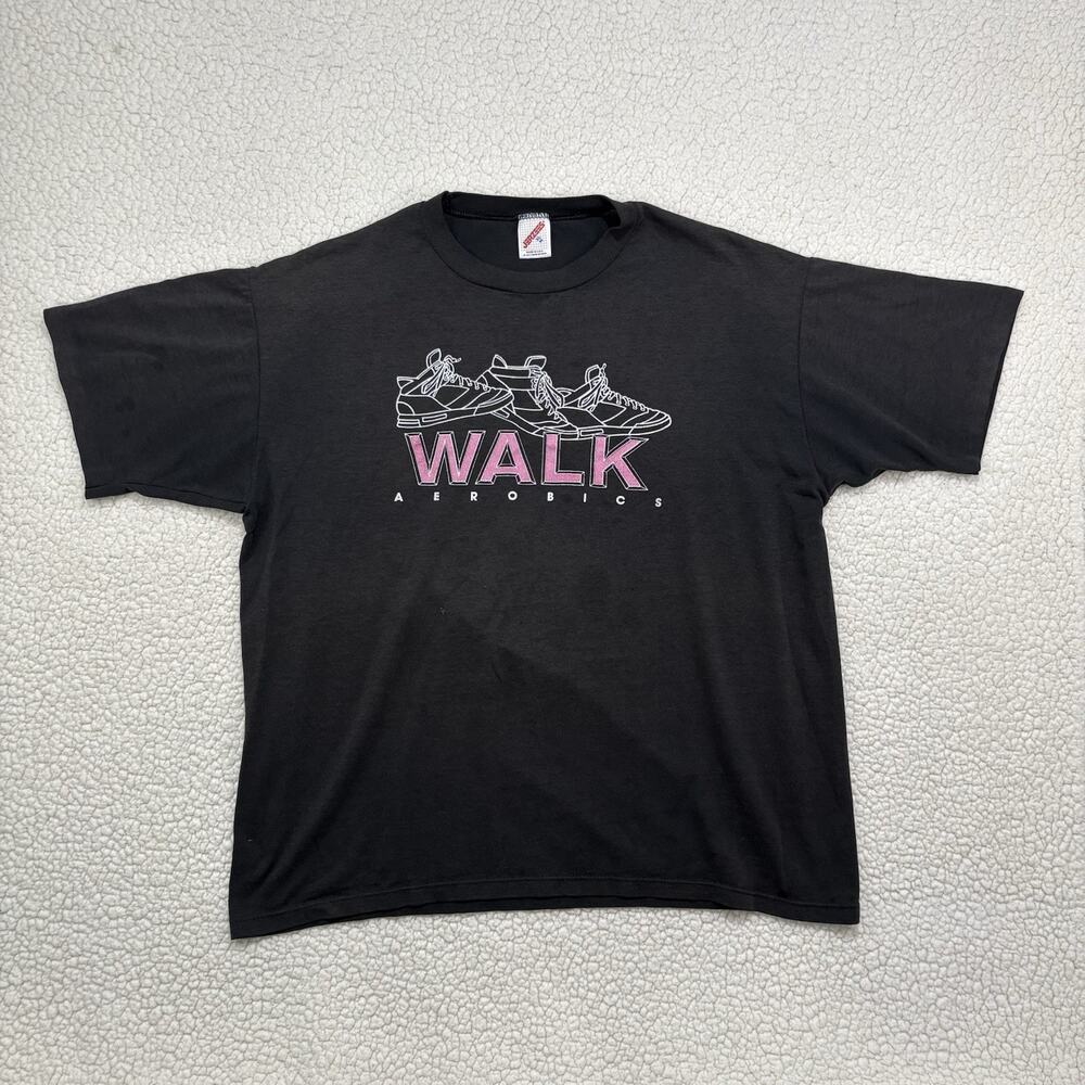 Vtg 80s 90s Step Aerobics Single Stitch Black Tee T Shirt XL Jerzees Made In USA